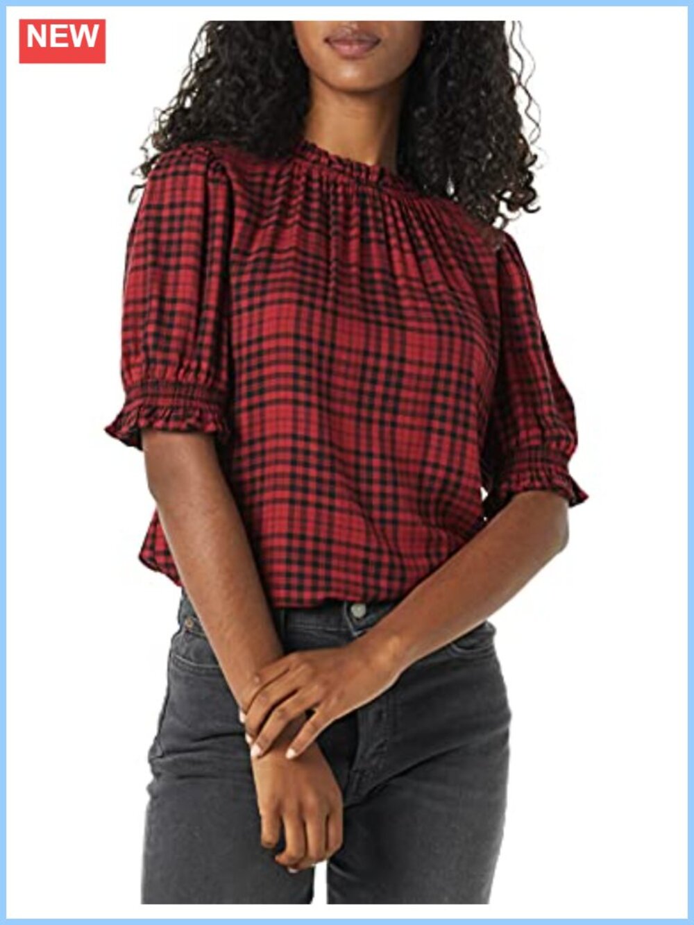Women's Fluid Twill Short Puff Sleeve Ruffle Smocked Blouse